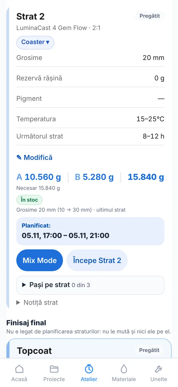 ResinPilot: Cronologie: Strat 2, fereastra de turnare