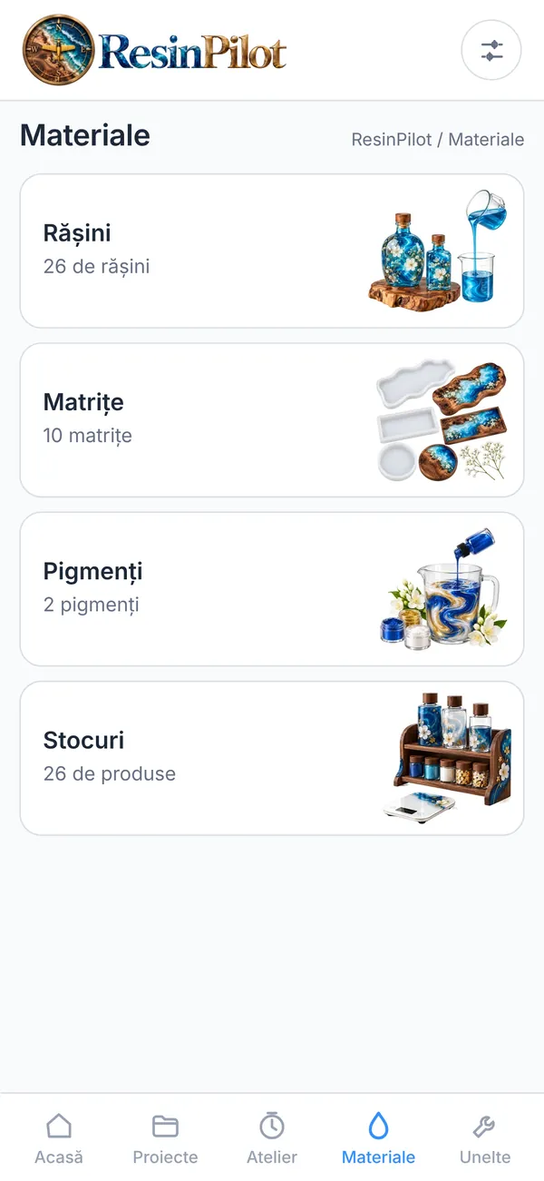ResinPilot: Rășini, matrițe, pigmenți, stocuri